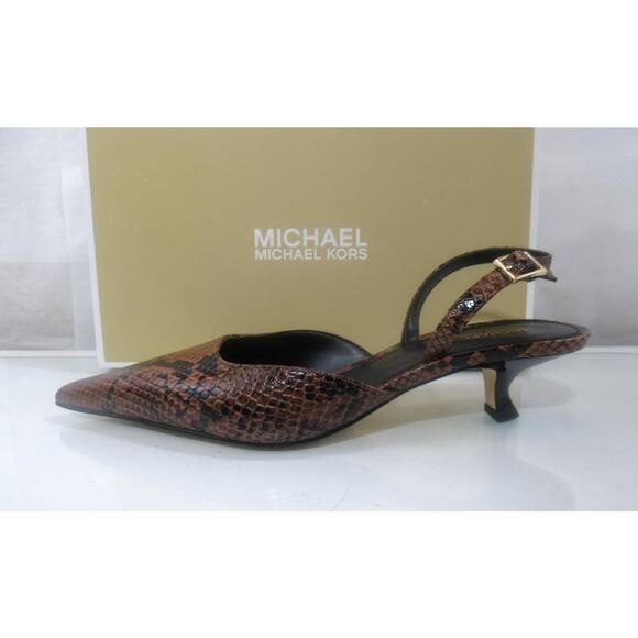 Michael Kors Luna Kitten Sling Back Pump Sandal Luggage Snake Print LeatheSize 7 - Picture 1 of 9